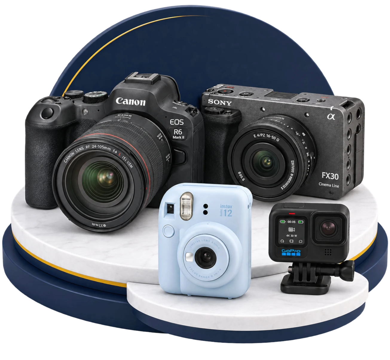 Canon EOS R6 Mark II, Sony FX30, Instax Mini 12 e GoPro em composição 3D