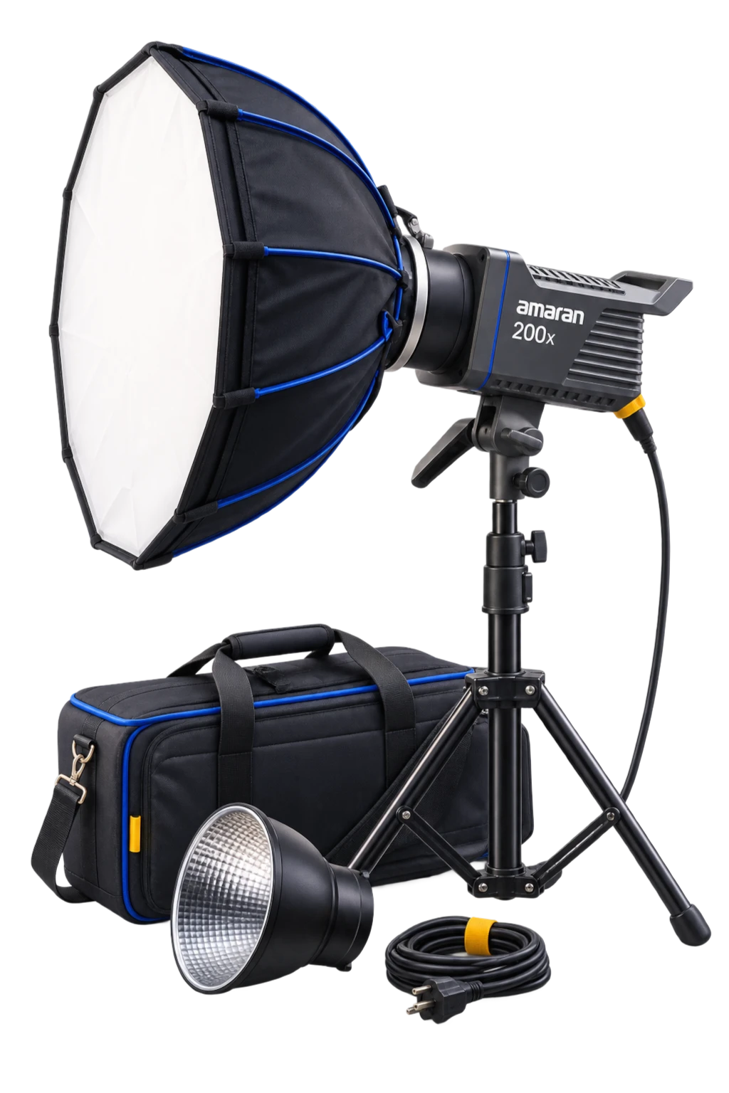 Amaran 200x com softbox, tripé e acessórios em composição 3D